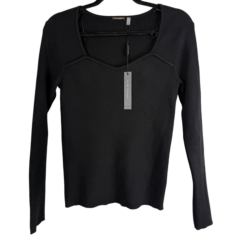Elie Tahari‎ Womens Ribbed Sweetheart Neck Long Sleeve Knit Top Black Noir S NEW